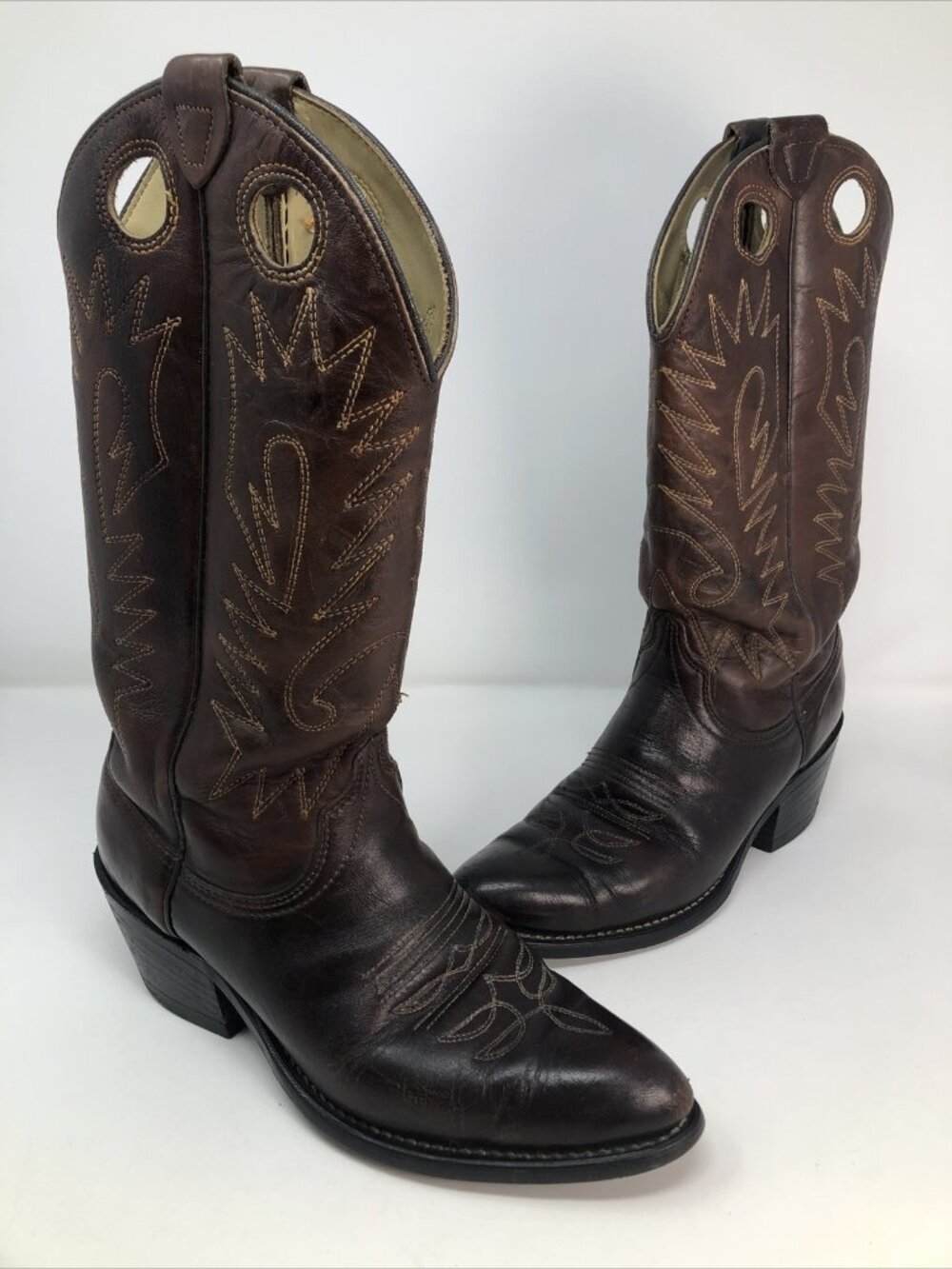 Wrangler Boots Mens 7.5D Brown VTG Stitched Distressed Leather Cowboy Western*